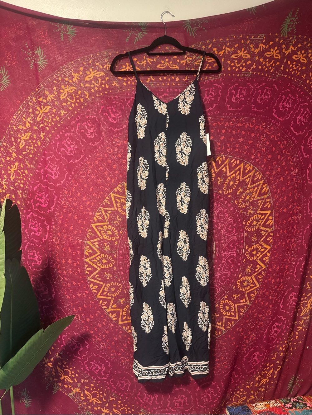 Black Printed Spaghetti-Strap Jumpsuit with Cream Motif